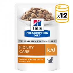 Pack x12 Hills PD Feline k/d avec du poulet. Sachet de 85 gr. pour chat